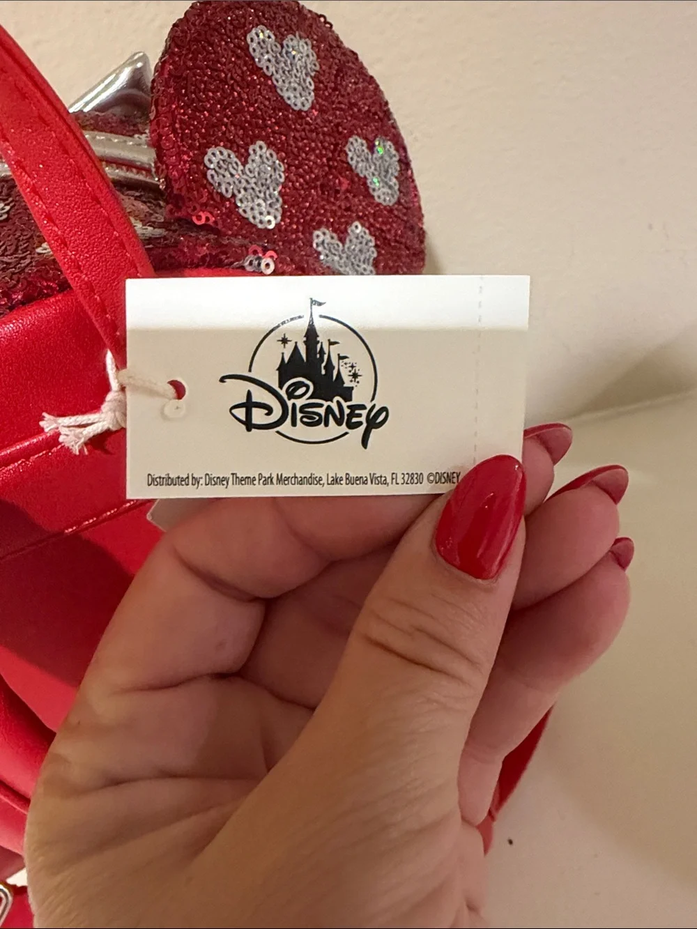 Loungefly Red Sequin Minnie Ear Mini Backpack with Silver Bow
